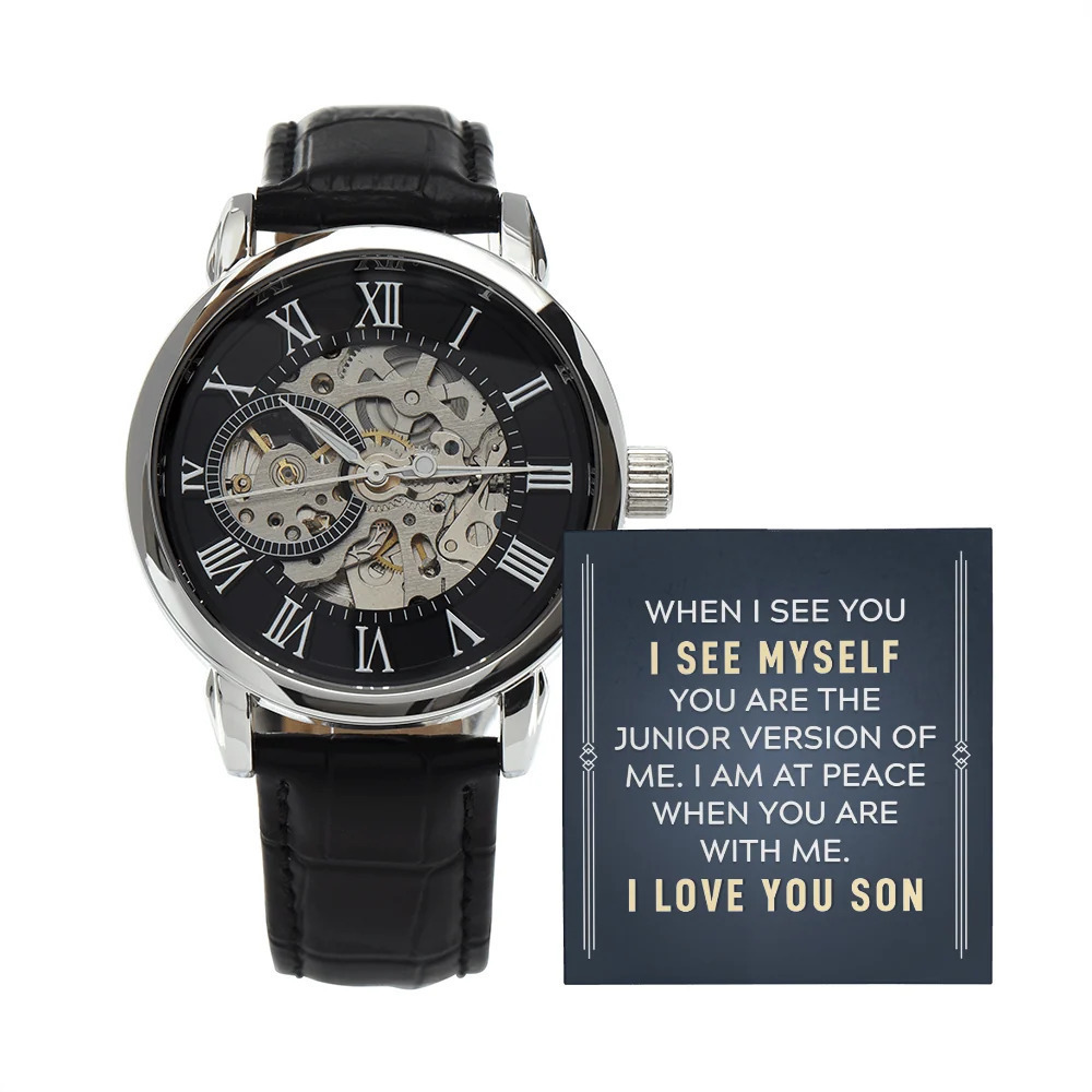To My Son When I See You Men's Openwork Skeleton Automatic Watch Message Card L